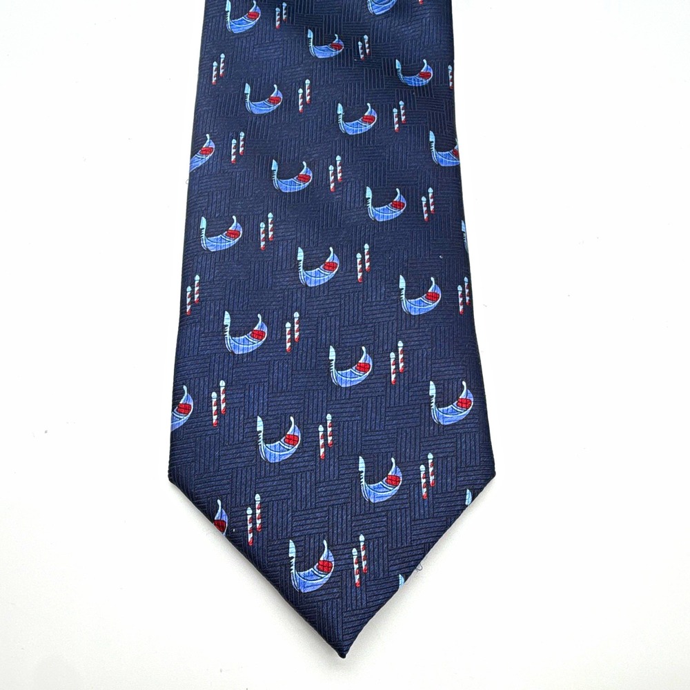 Blue Men's 100% Silk Tie Navy Geometric Gondola Nautical Woven Self-Tie